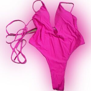 Hot Pink Plunge Neck One Piece Swimsuit